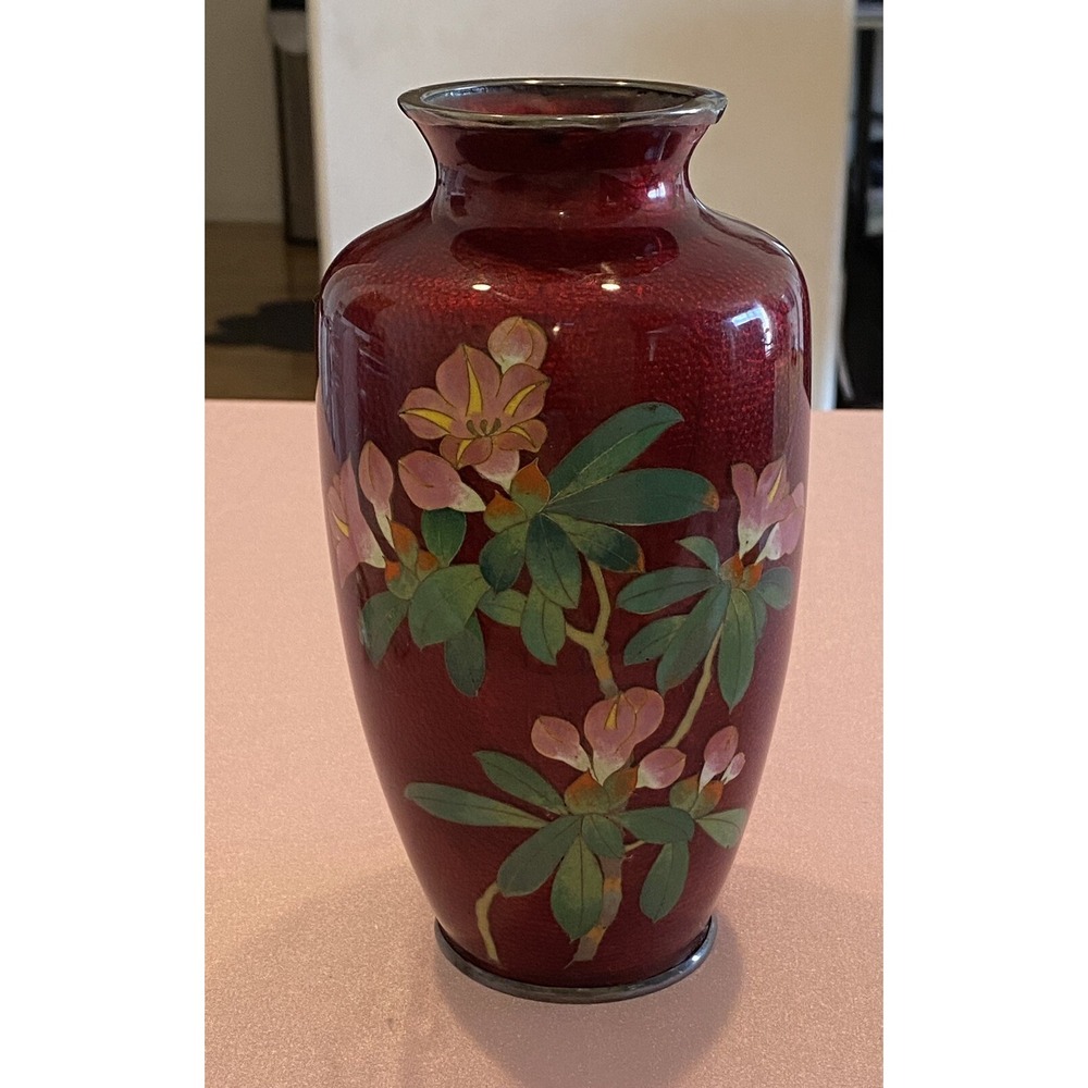 Vintage Japanese Pigeon Blood Red Ginbari Foil Cloisonné Flower Vase 7.5 H X 4"W